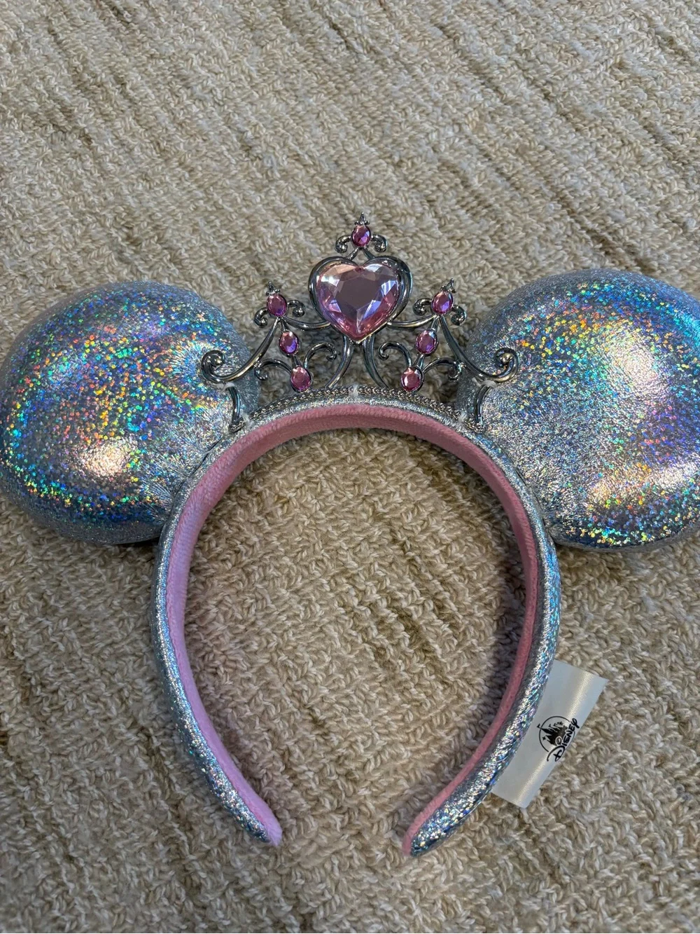 Disney Silver Holographic Minnie Ears Headband with Pink Jewel Tiara